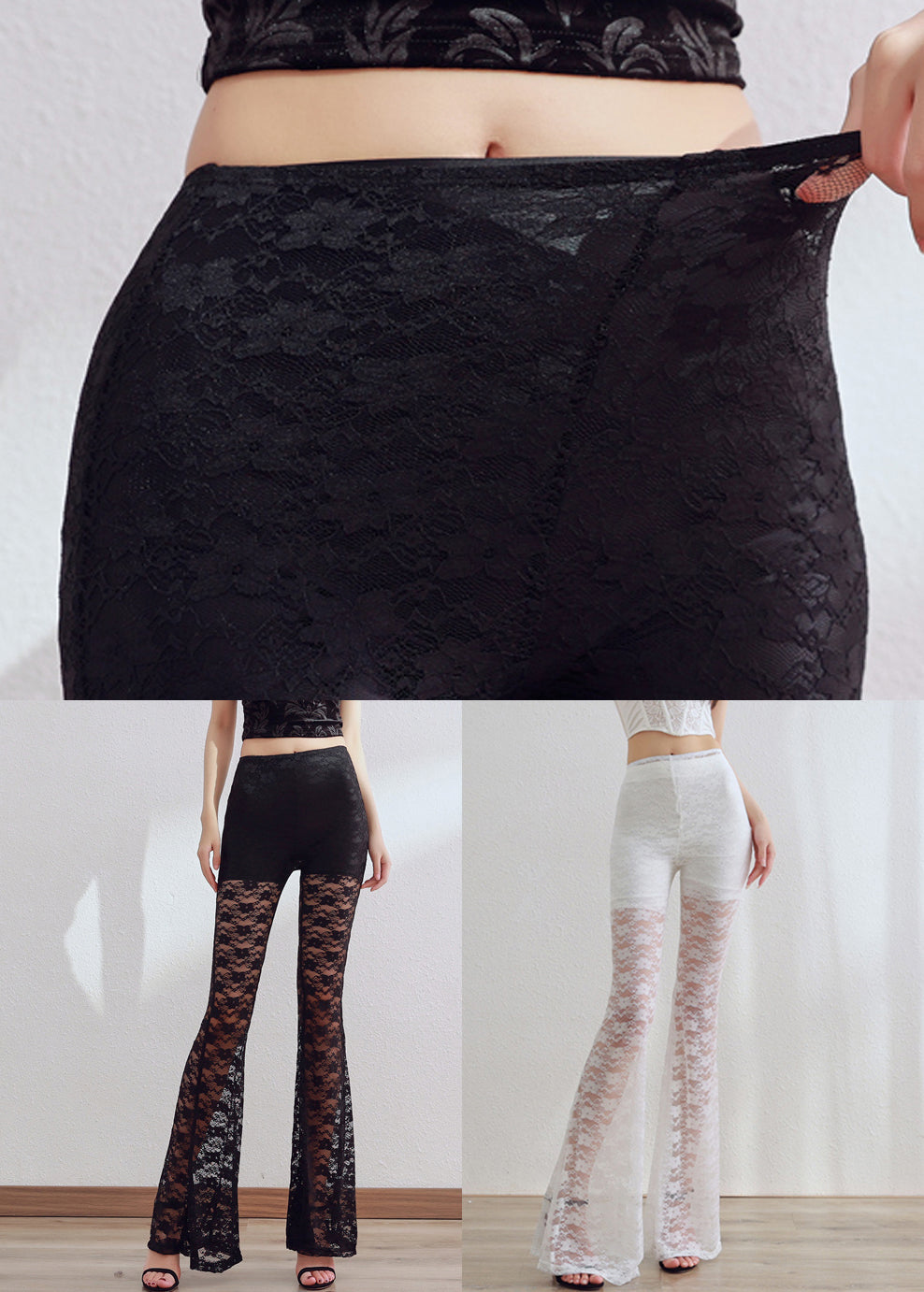 Slim Fit Black Hollow Out Lace Flare Bottoms Summer
