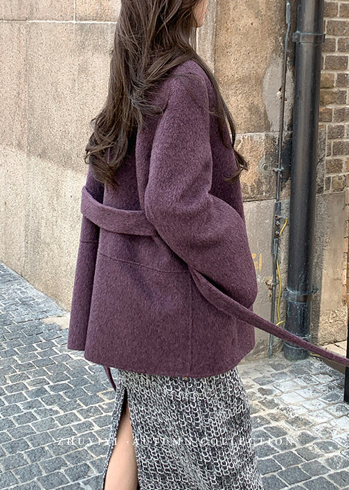 Handmade Purple Peter Pan Collar Pockets Tie Waist Wool Coat Winter