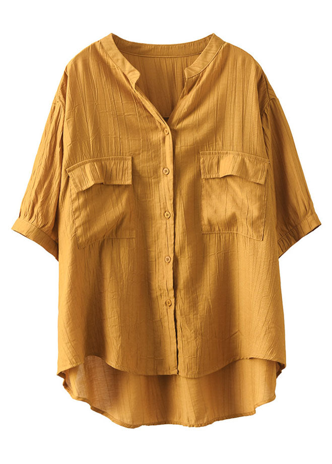 Yellow O Neck Wrinkled Patchwork Cotton Shirt Top Summer