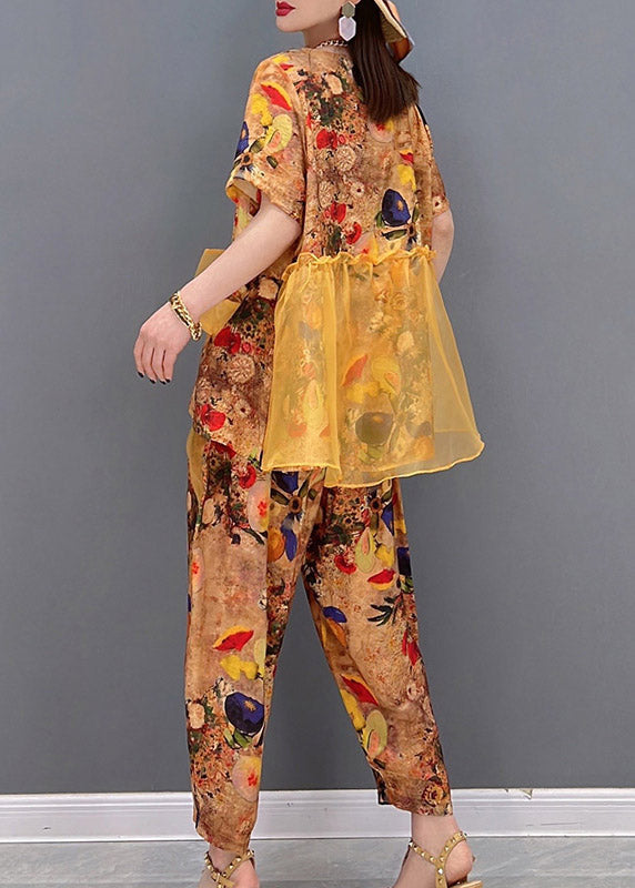 Yellow O-neck Print Tulle Patchwork Chiffon Tops and Pants Two Piece Set Clothing Short Sleeve
