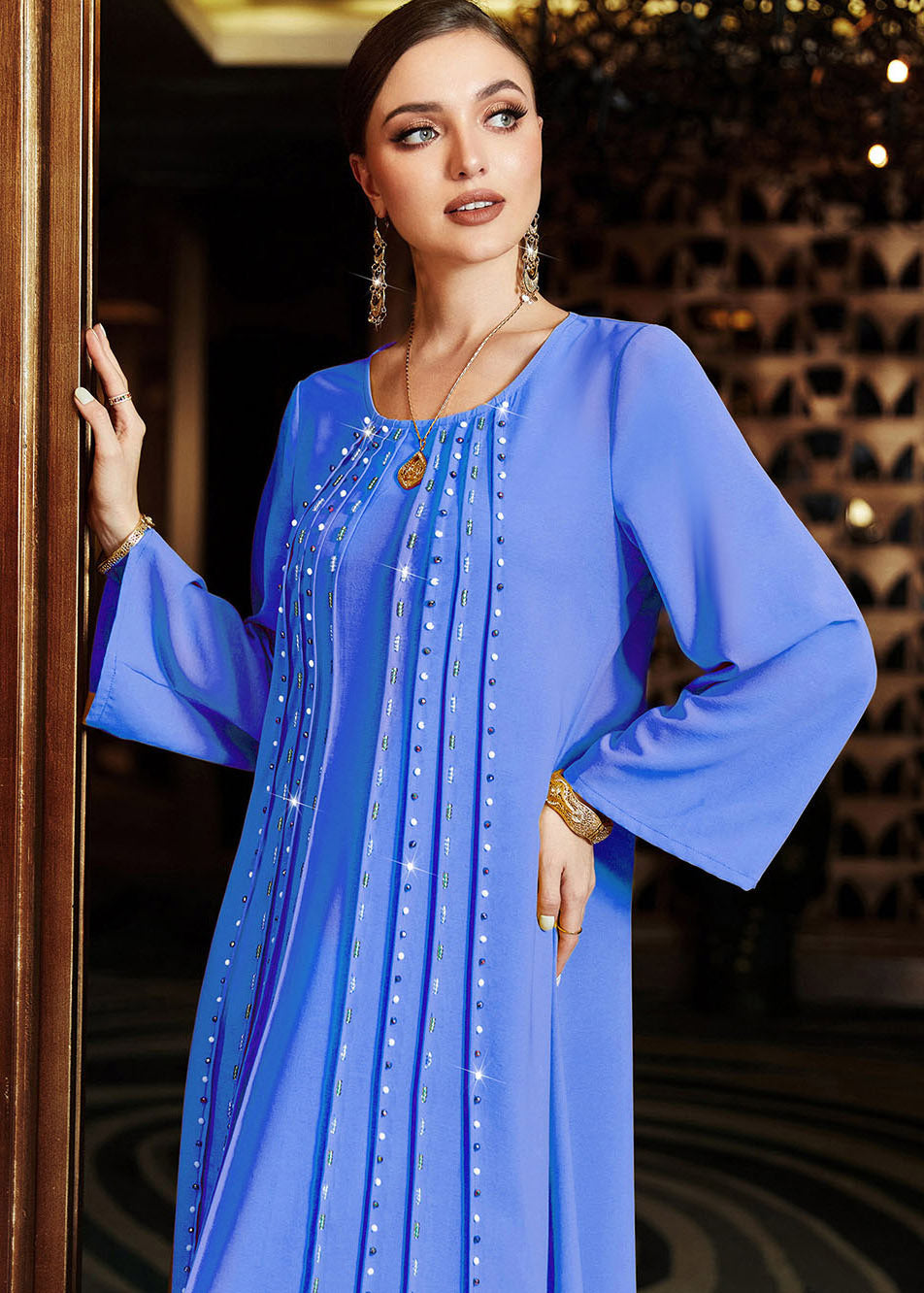 Blue Patchwork Nail Bead Vacation Long Dresses Fall