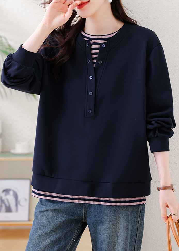 Navy Oversized Patchwork Cotton Sweatshirt Fall