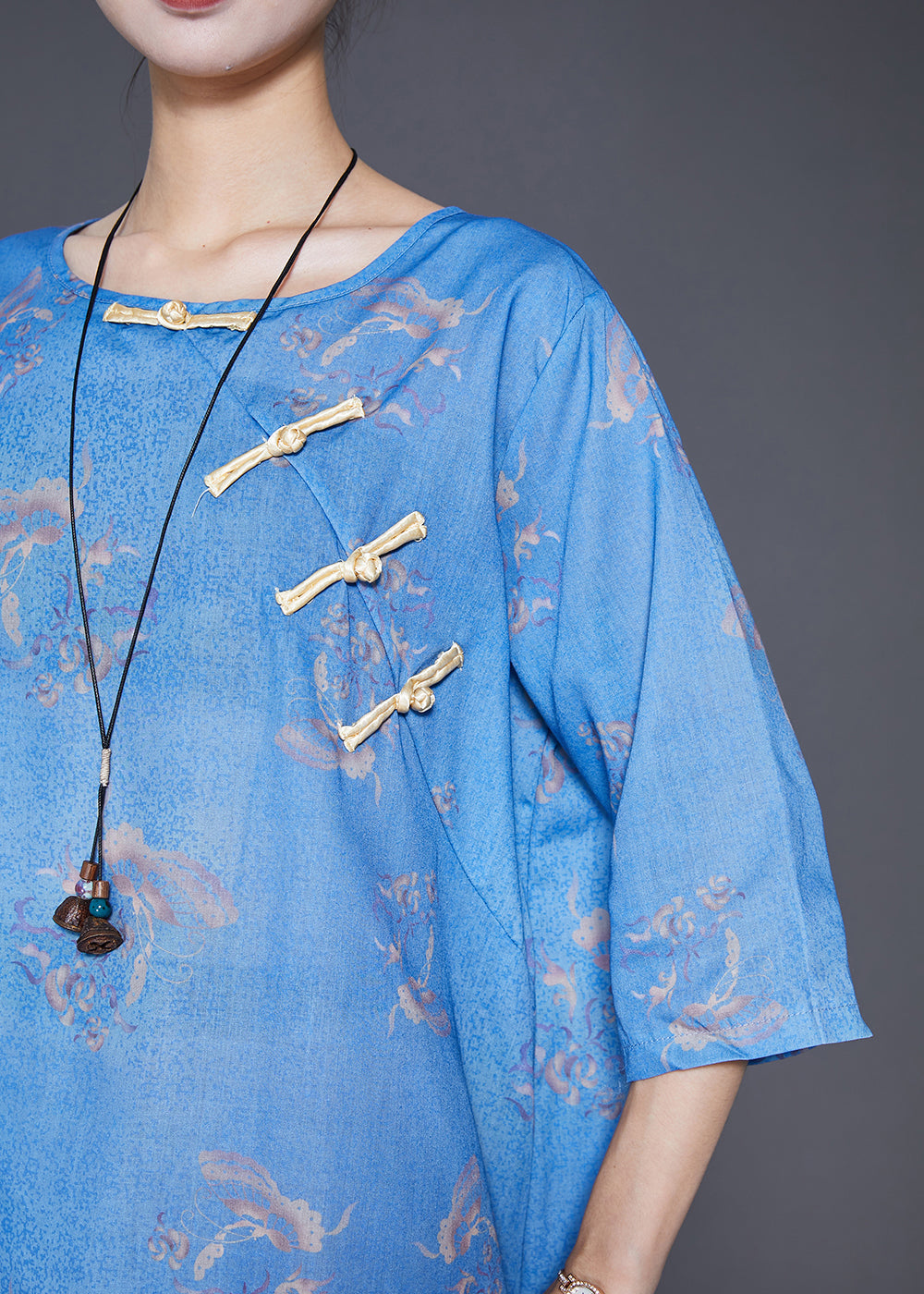 Blue Print Chinese Button Linen 2 Piece Outfit Fall