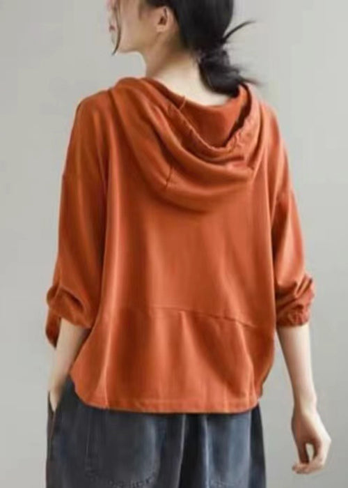 Orange Hooded Lace Up Cotton Sweatshirts Long Sleeve