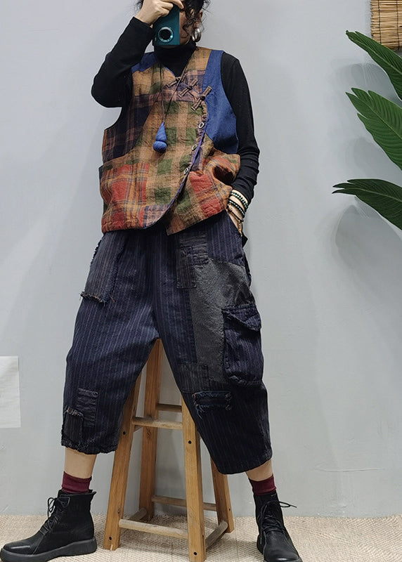 Navy Elastic Waist Pockets Patchwork Pants Spring