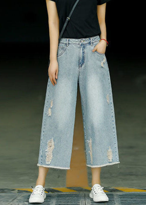 Denim Blue High Waist Pockets Cotton Jeans Crop Pants Summer