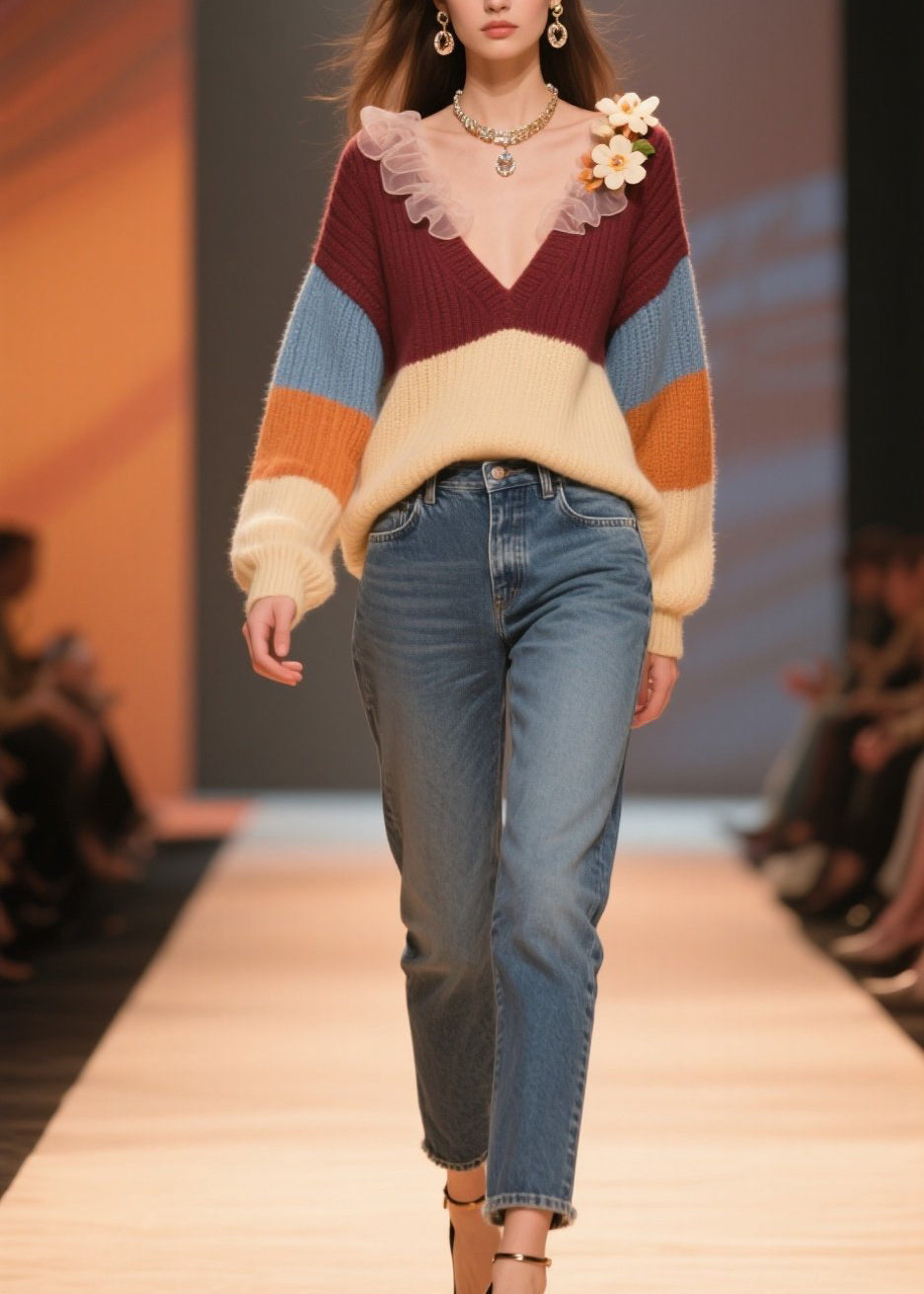 Colorblock V Neck Knit Short Sweater Winter