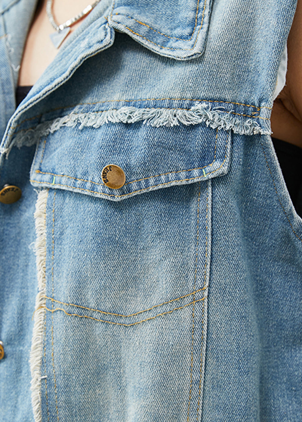 Denim Blue Tasseled Cotton Vests Fall