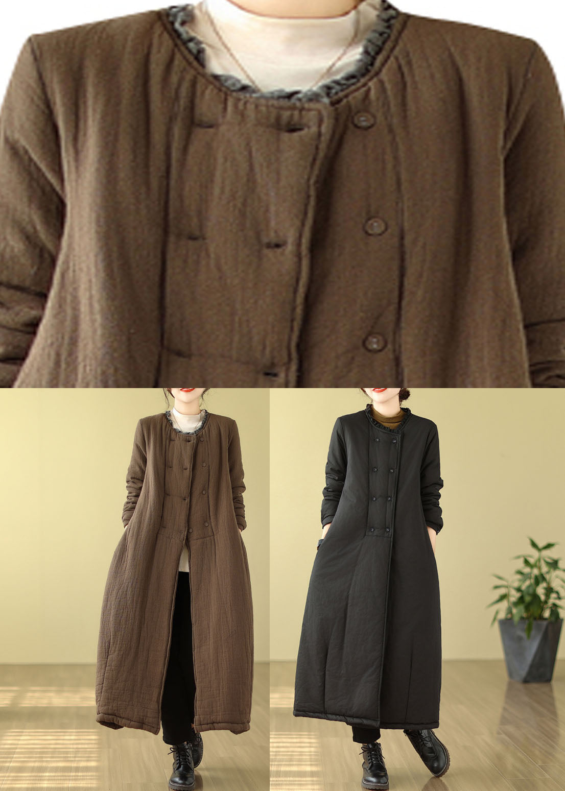 Black O-neck Thick Maxi Parka Coats Long Sleeve