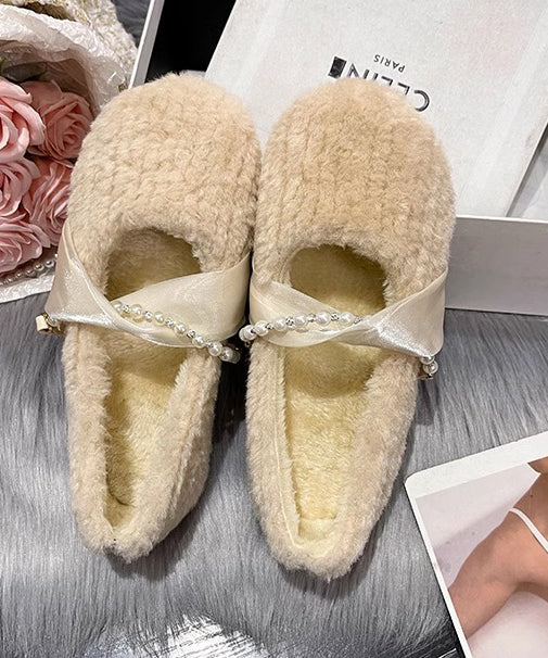 French Apricot Fuzzy Fur Splicing Flat Shoes for
