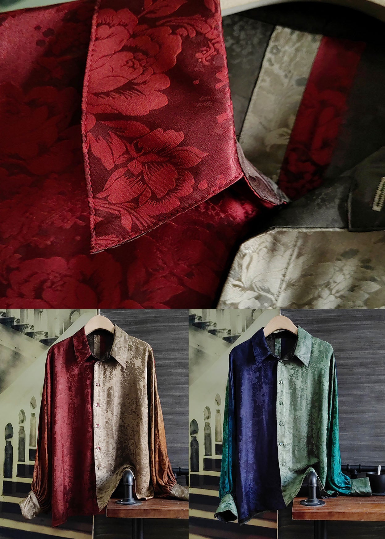 Mulberry Peter Pan Collar Patchwork Silk Shirt Tops Spring