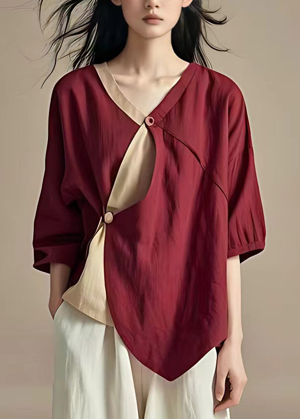Organic Mulberry V Neck Asymmetrical Patchwork Button Shirt Summer