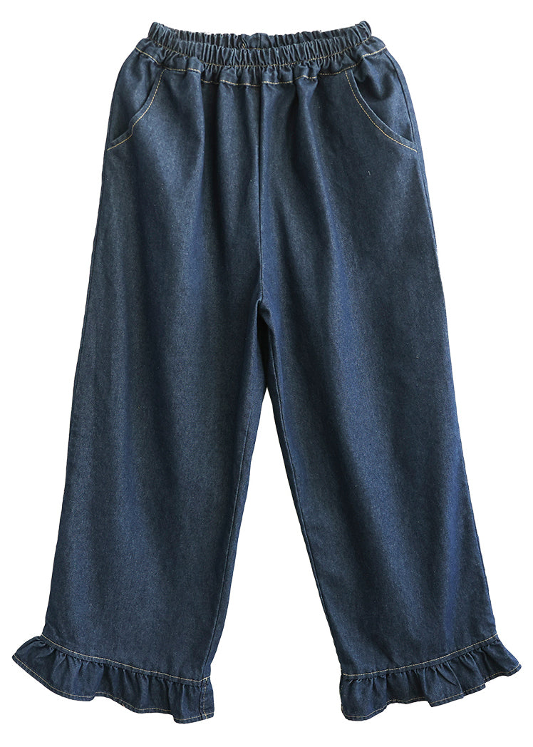Blue Ruffled Patchwork Pockets Straight Jeans Spring