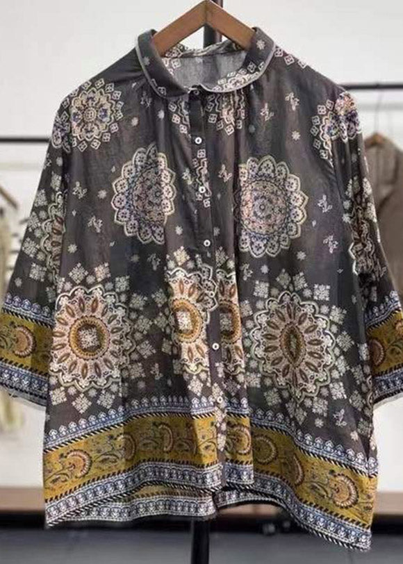 Peter Pan Collar Print Button Linen Shirt Tops Long Sleeve