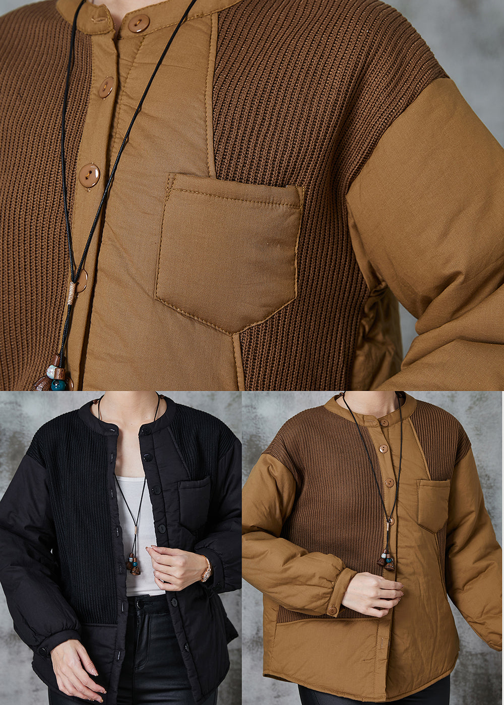 Khaki Patchwork Thick Fine Cotton Filled Witner Coats