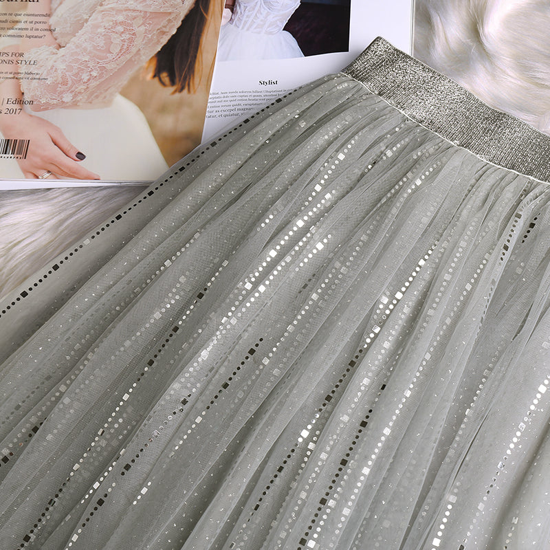 Handmade Grey Sequins Tulle Pleated Summer Skirts