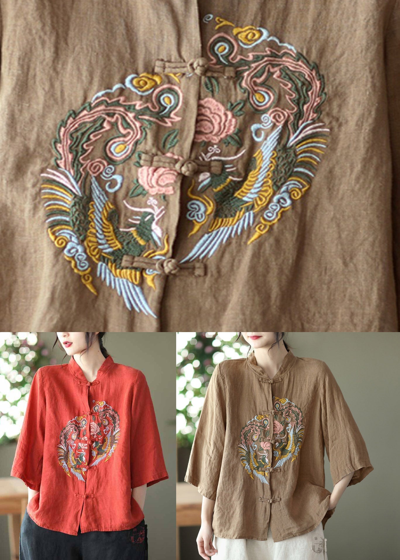 Diy Red Stand Collar Embroideried Linen Shirts Long Sleeve