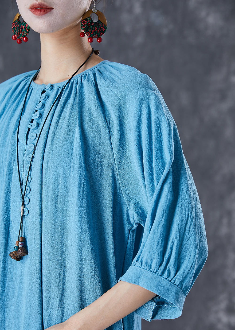 Blue Oversized Button Down Linen Long Dress Bracelet Sleeve