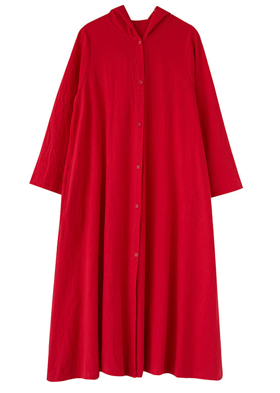 Red Hooded Button Patchwork Cotton Shirts Maxi Dresses Fall