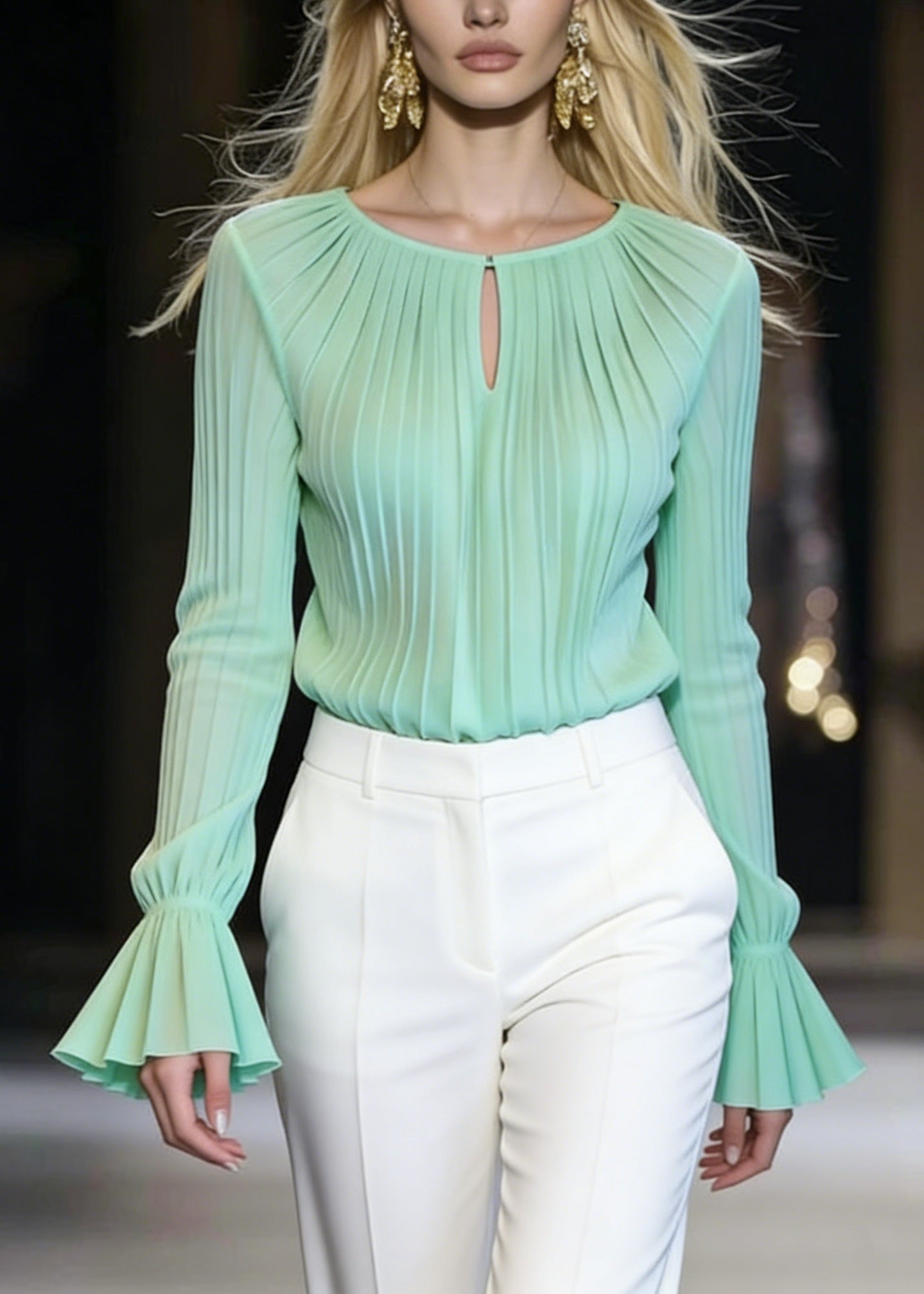 Italian Green O Neck Wrinkled Chiffon Top Flare Sleeve