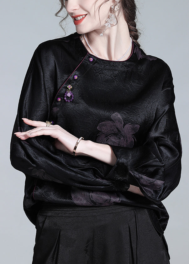 Loose Black O-neck Button Print Silk Blouses Fall