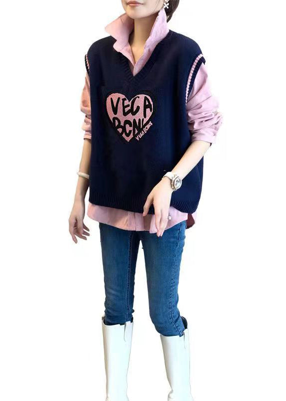 Modern Pink Shirts and Navy Vest Knit Two Pieces Set Fall