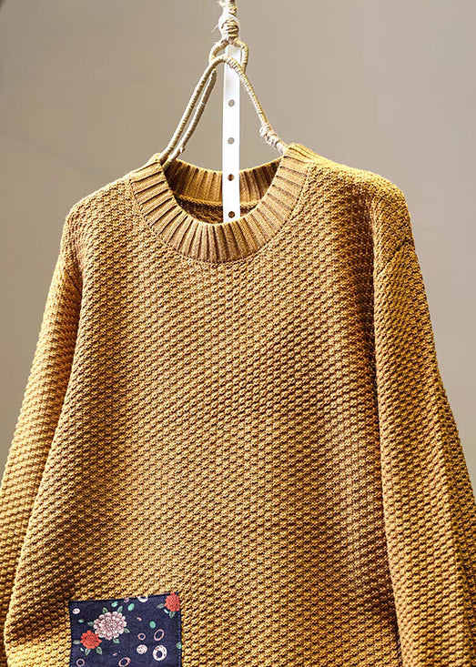 Diy Khaki Oversized Patchwork Applique Knit Sweater Winter