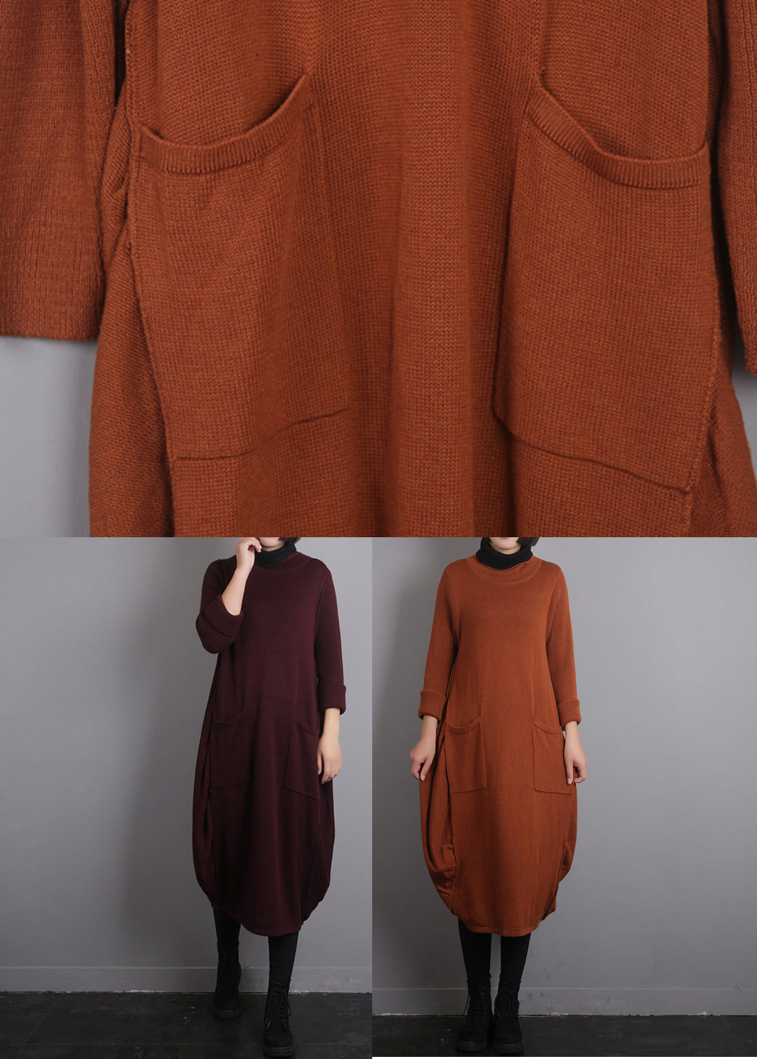 Orange O-neck Knit Cotton Thread Sweater Dress Fall