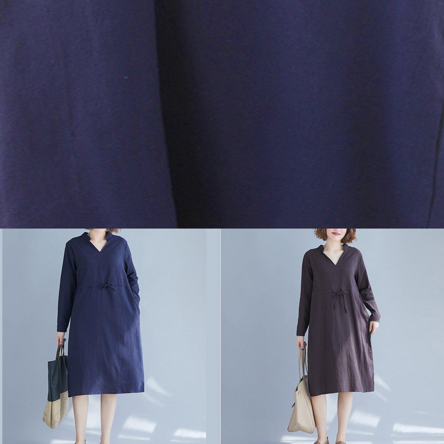 Simple V Neck Drawstring Spring Robes Neckline Gray Dresses
