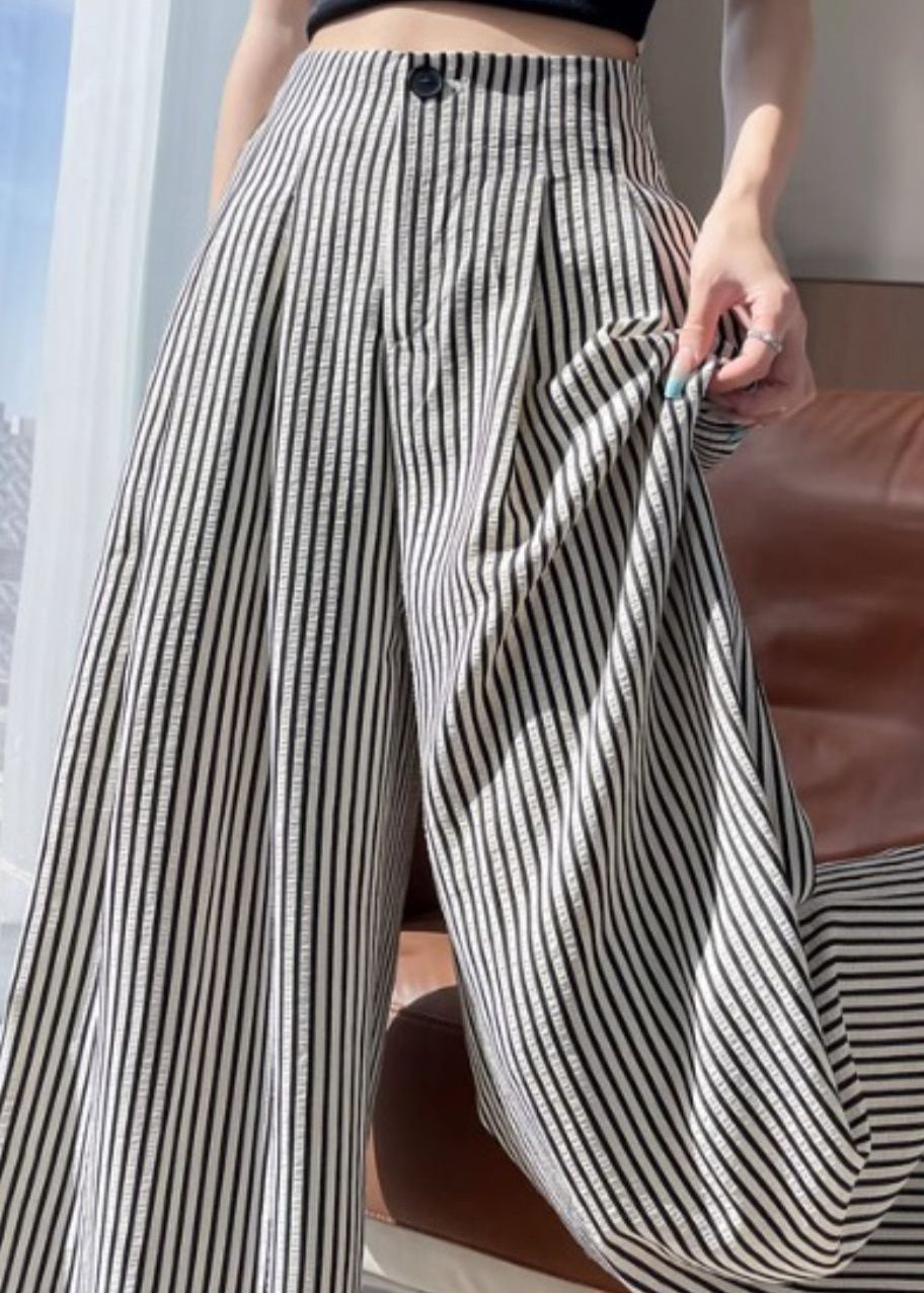 Striped Wrinkled High Waist Cotton Wide Leg Pants Fall