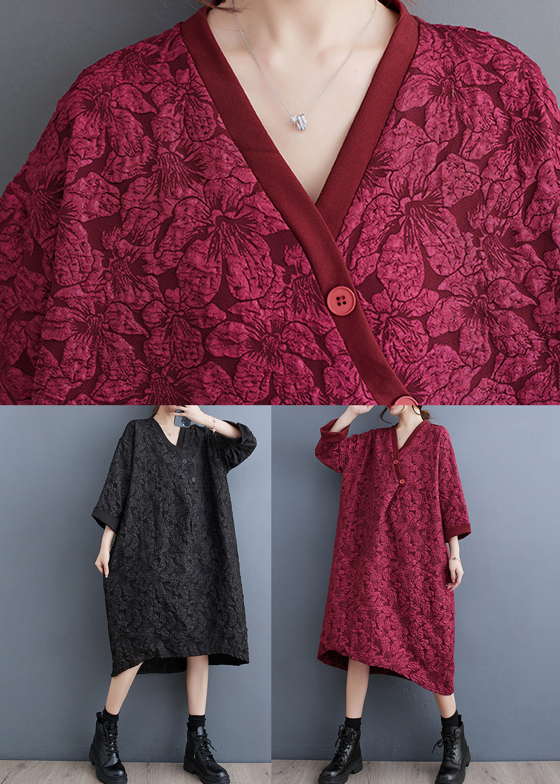 Black Jacquard Patchwork Cotton Dress V Neck Fall