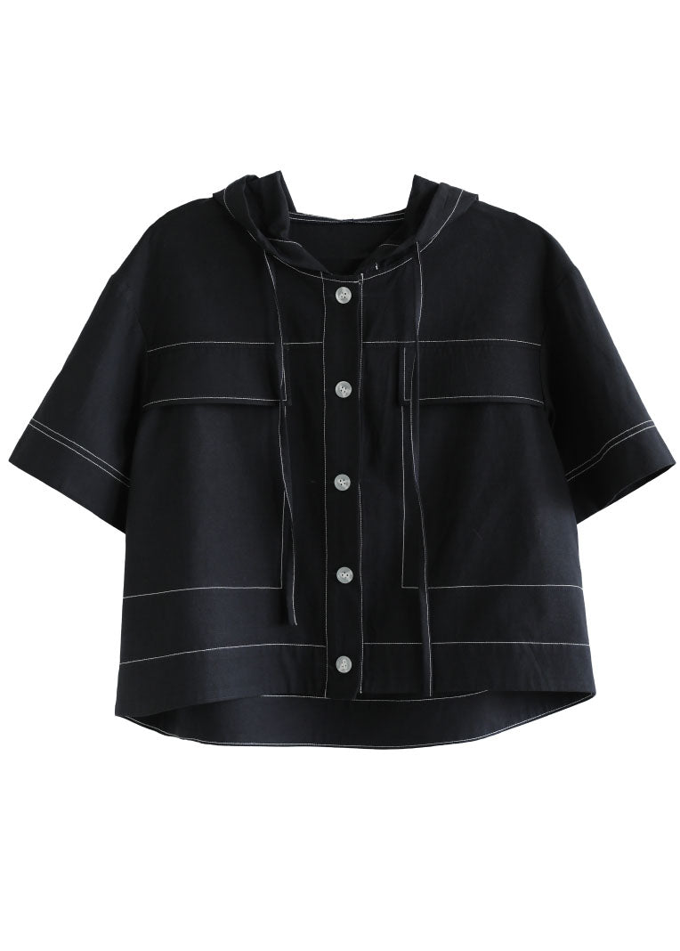 Navy Drawstring Hooded Cotton Short Coat Half Sleeve