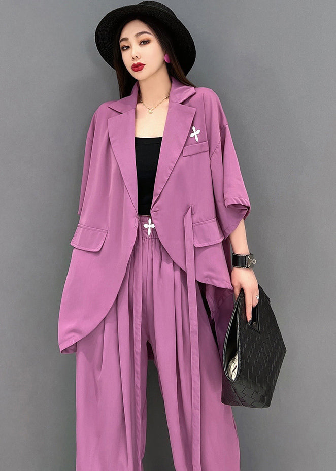 Stylish Purple Notched Collar Tie Waist Low High Design Chiffon Two Pieces Set Summer