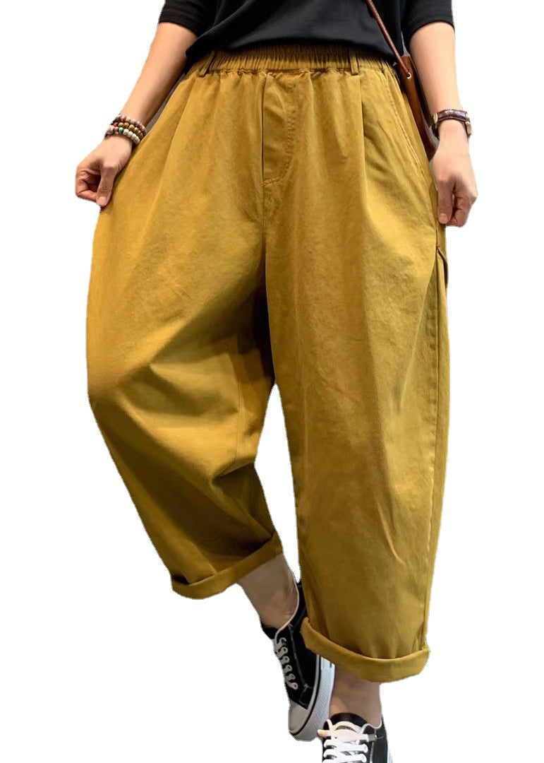 Modern Purple Elastic Waist Pockets Cotton Harem Pants Spring