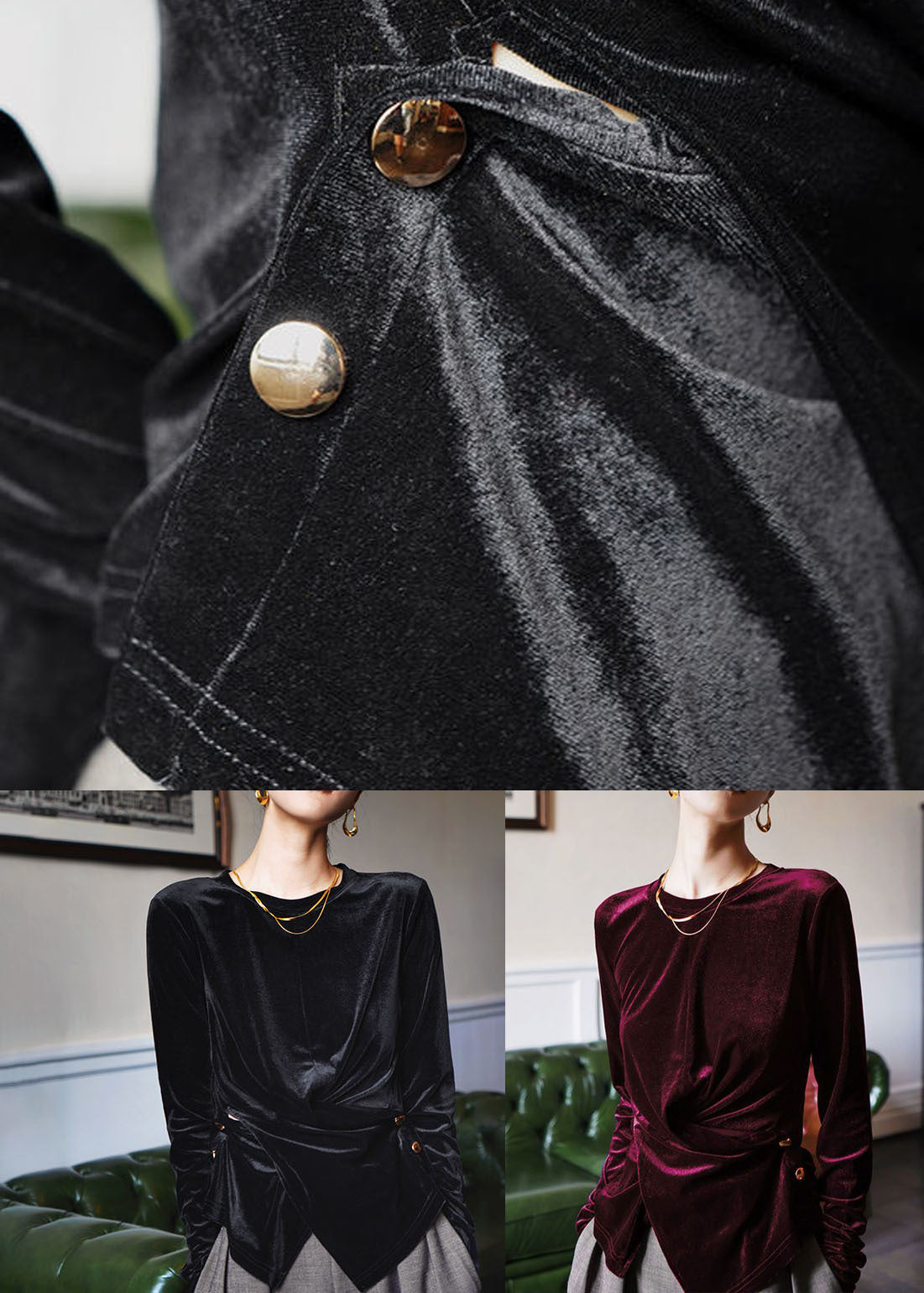 Fine Black O-neck Asymmetrical Silk Velour Top Long Sleeve