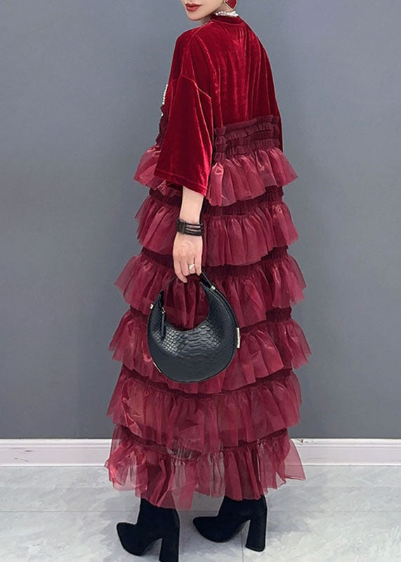 Organic Red O-neck Tulle Patchwork Silk Velour Maxi Dress Bracelet Sleeve