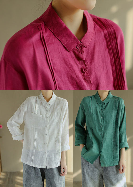 French White Wrinkled Peter Pan Collar Linen Blouse Top Long Sleeve