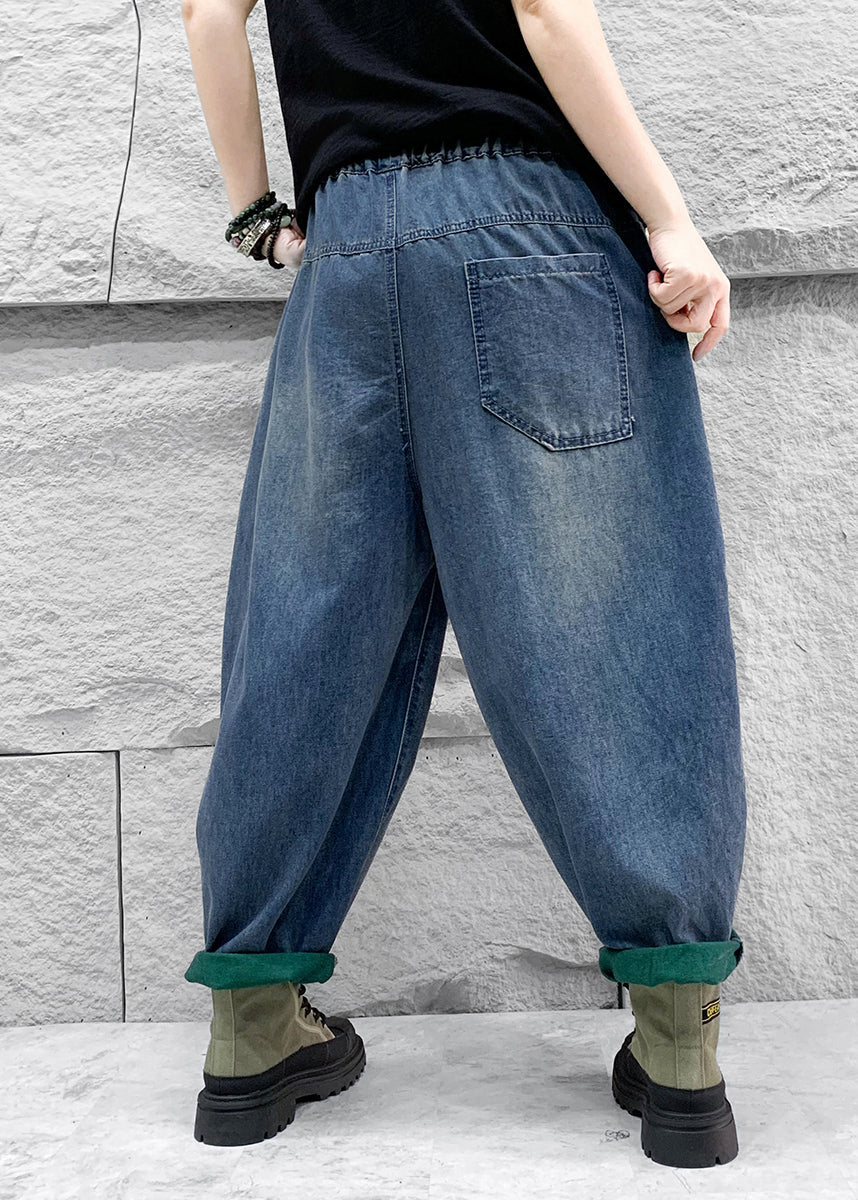 Blue Five Pointed Star Patch Elastic Waist Denim Harlan Pants Spring