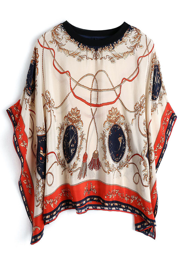 Italian Apricot O-neck Asymmetrical Print Chiffon Loose Tank Tops Batwing Sleeve