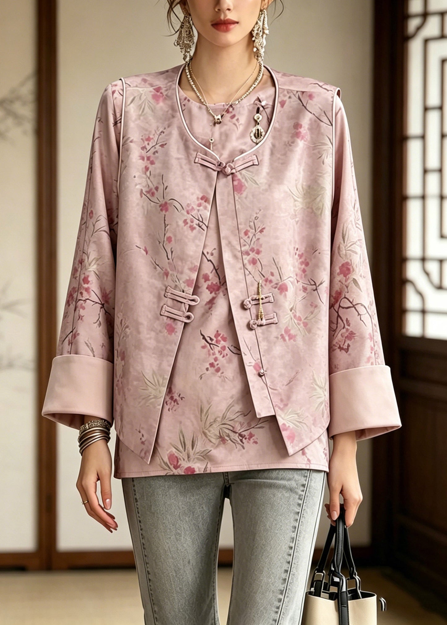 Chinese Style Pink Print Waistcoat and Shirt Two Pieces Set Long Sleeve