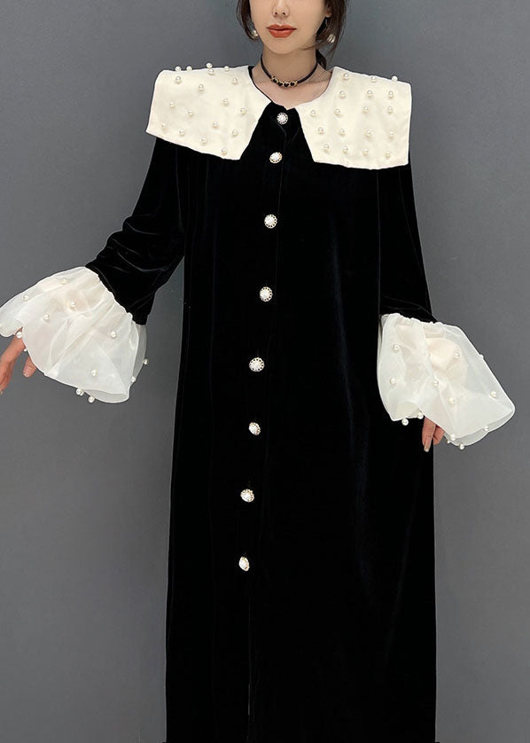 Black Peter Pan Collar Patchwork Nail Bead Silk Velour Dresses Spring
