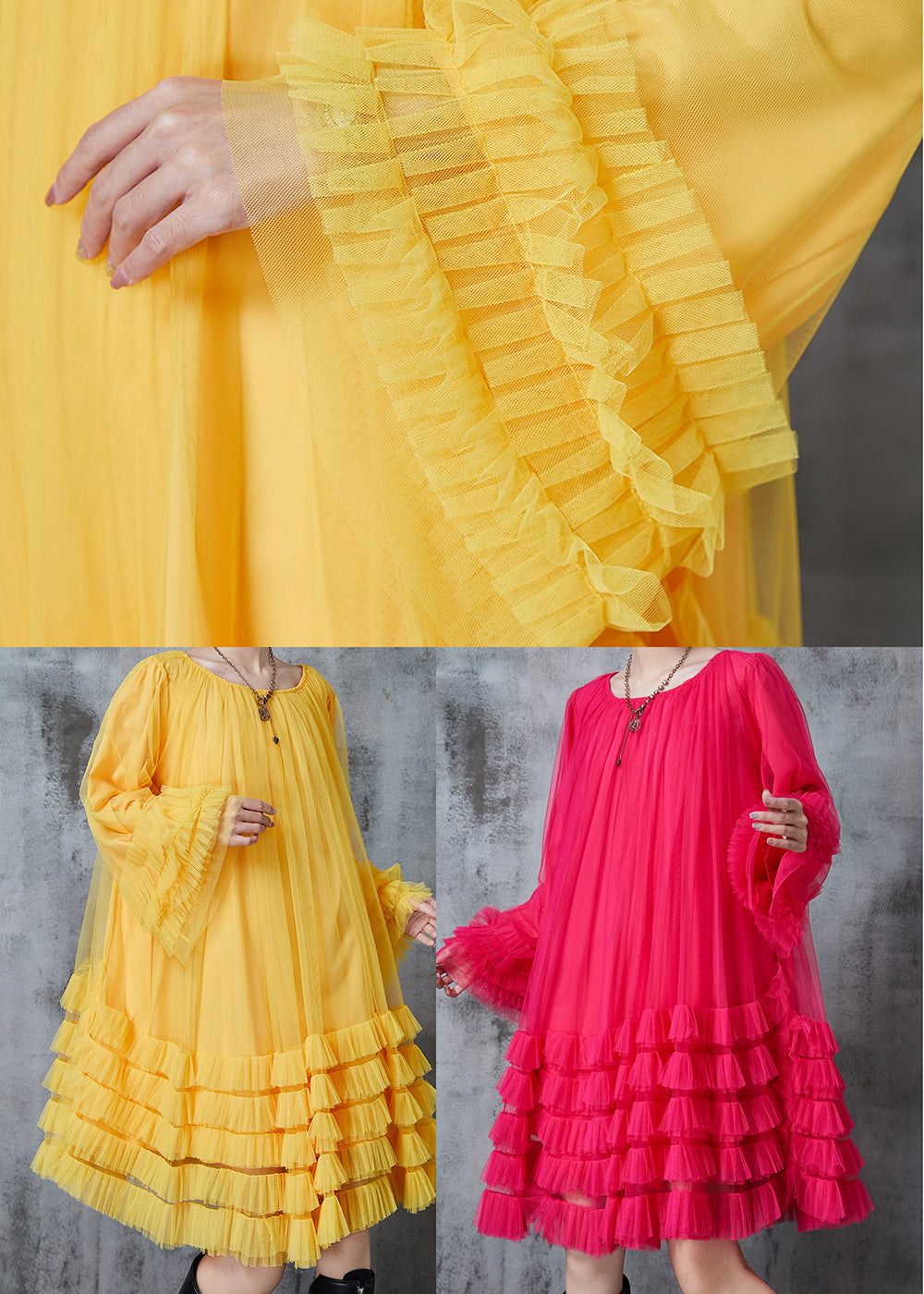 Yellow Oversized Ruffled Tulle Maxi Dresses Fall