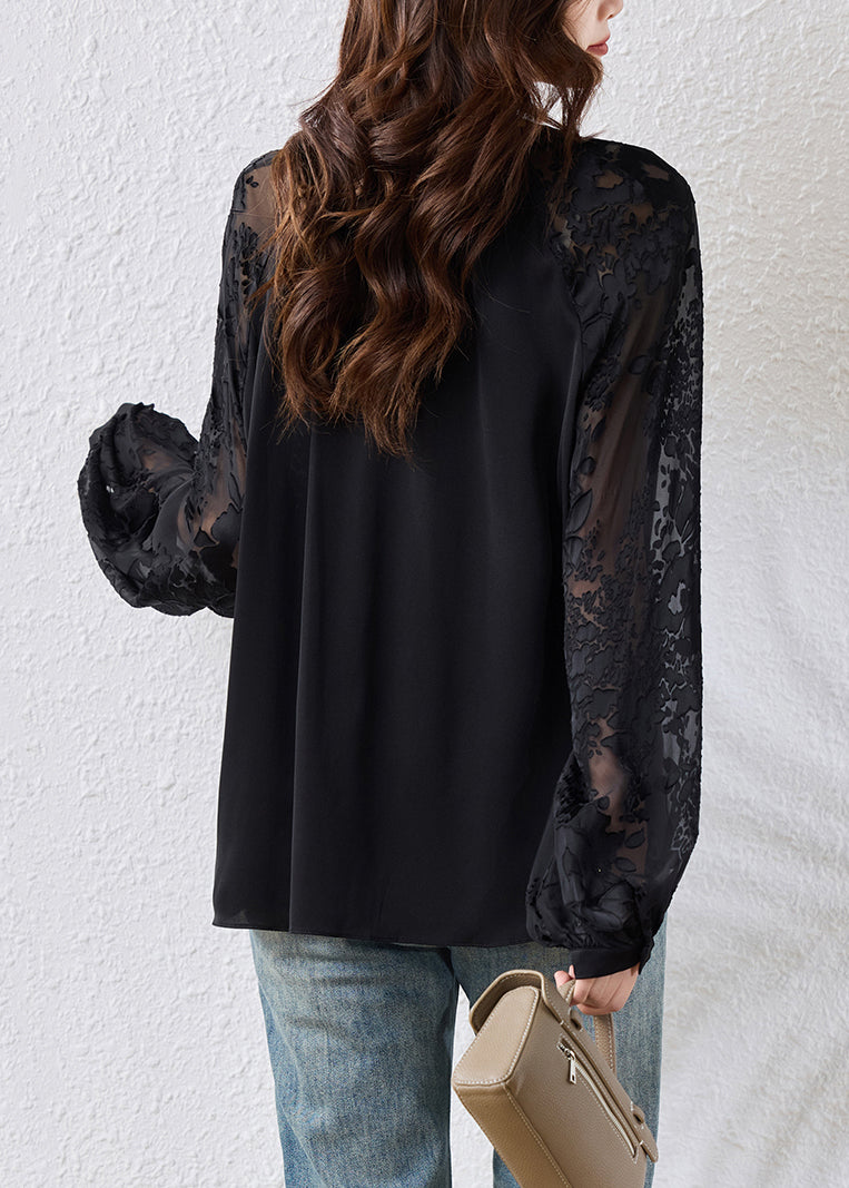 Loose Black V Neck Chiffon Blouses Fall