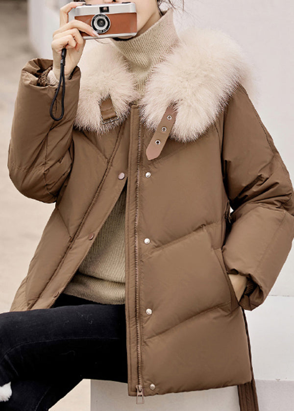 Coffee Fur Collar Zip Up Duck Down Winter Coats