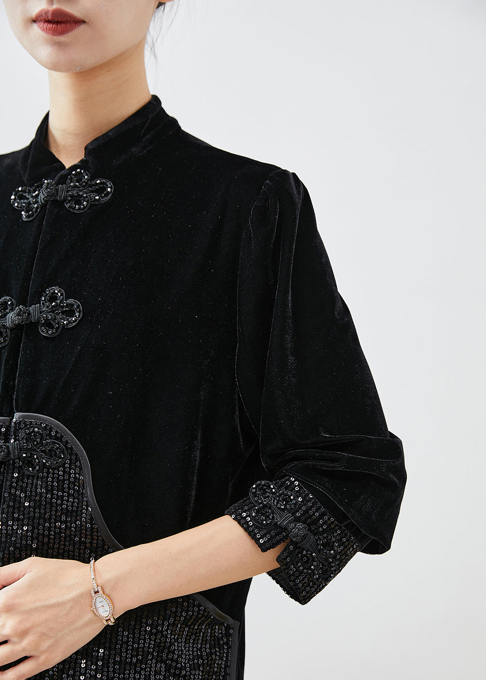 Black Sequins Patchwork Chinese Button Silk Velour Two Pieces Set Fall