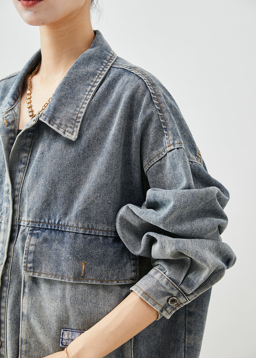 Blue Oversized Pockets Applique Denim Coats Fall