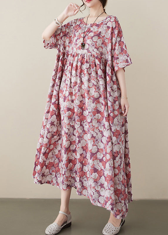 Red O-neck Print Wrinkled Maxi Dress Short Sleeve