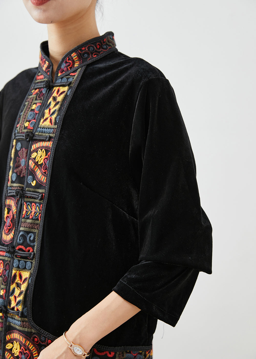 Black Embroideried Patchwork Silk Velour Two Piece Set Clothing Fall