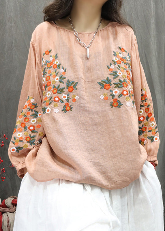 Beige O-neck Embroidered Linen Shirt Top Fall