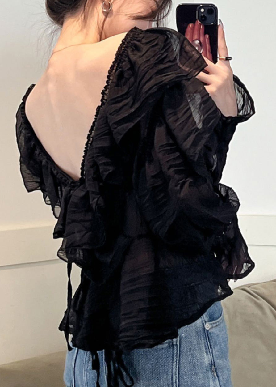 Black V Neck Ruffled Chiffon Shirts Long Sleeve